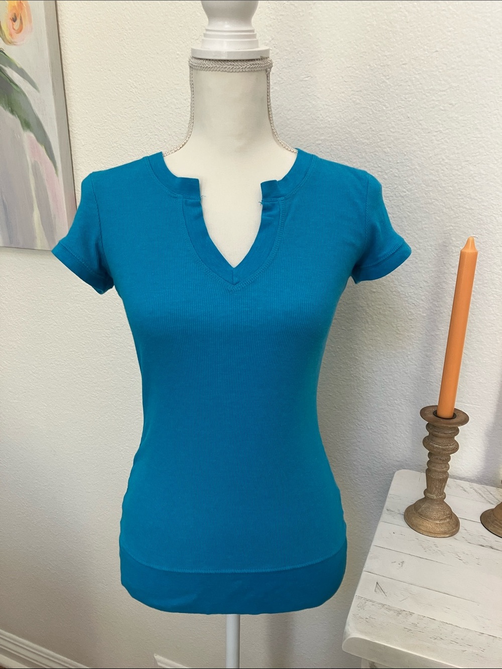 Y2k Energie Teal Short Sleeve Notch-Neck Top